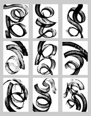 Set of vector abstract backgrounds. Black ink brush strokes, patterns, posters, cover.