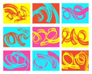 Set of abstract backgrounds. Pop art colors. Colorful brush strokes, patterns, posters, cover.