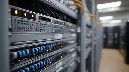 Naklejka premium Rows of illuminated server racks with blinking lights and network cables in a data center environment