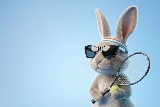 A cute gray-beige rabbit wearing a sport headband and glossy sunglasses holds a tennis racket and ball while smiling at the camera against a smooth blue gradient, perfect for sports equipment stores