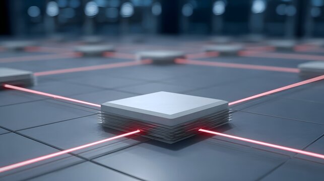 Digital network of red laser connections between abstract nodes on a grid