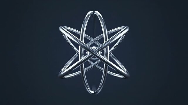 Elegant silver metal star abstract with circular orbits on a dark gray backdrop for science and innovation related projects