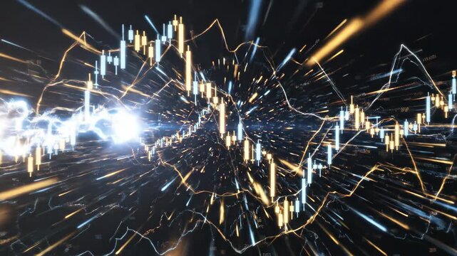 Financial market analysis with dynamic candlestick chart visualization and fast moving lines for stock trading insights