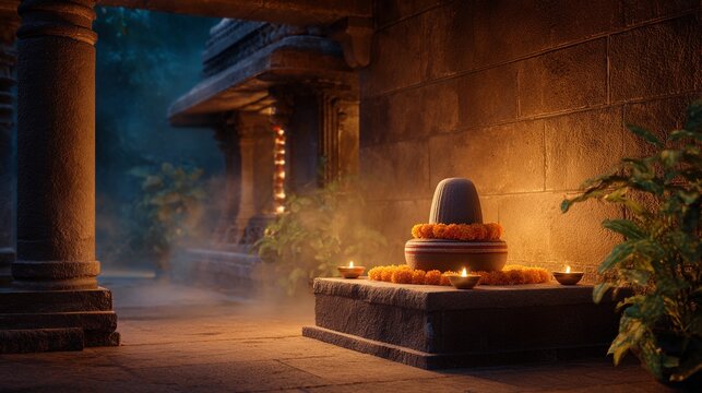 Atmospheric view of a Hindu temple interior with a Shiva linga adorned with marigold flowers