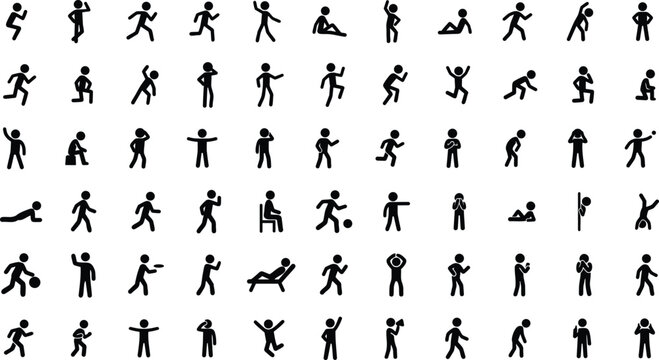 Stickman action mega set, Human movement silhouette pack, Activity pose collection