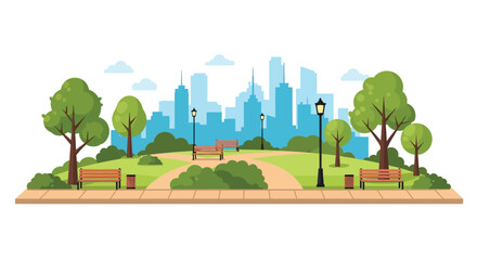 Peaceful city park landscape featuring green trees benches and streetlamps against skyscrapers silhouette © PrimePixel Studio