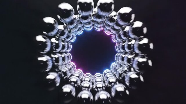 Spherical chrome orbs creating an abstract tunnel portal illuminated with neon blue and purple futuristic glow