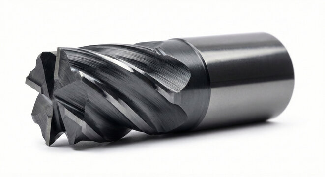 Solid tungsten carbide CNC end mill cutting tool with dark grey AlTiN coating for metalworking.