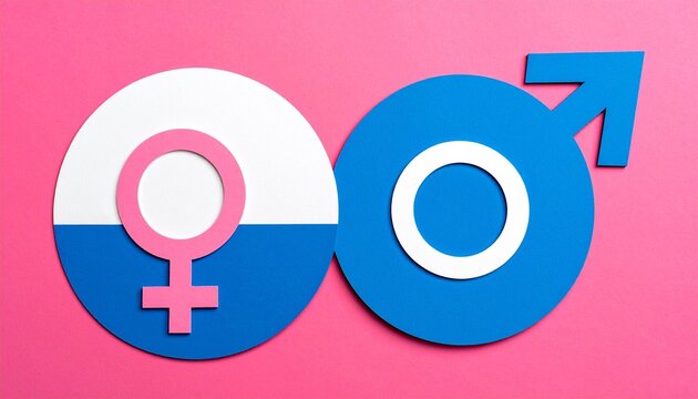 Pink Female and Blue Male Gender Symbols Side by Side on a Solid Pink Background