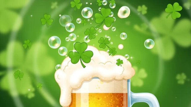 St Patrick's Day Beer Mug with Foam and Green Shamrock Clovers Bubbles Celebration 4K Ai HD high quality video.