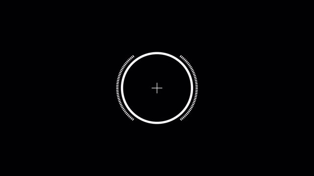 Simple white crosshair HUD with rotating circle ring and dotted radar line seamless loop centered target reticle isolated on transparent background 4K alpha channel tracking interface motion graphic