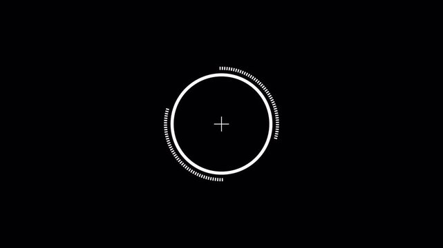 Simple white crosshair HUD with outer circle rotating randomly left and right and dotted ring centered target reticle isolated on transparent background 4K alpha channel tracking scanner motion 