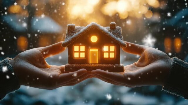 Gentle hands tenderly hold a luminous cozy house, radiating inviting warmth during a serene snowy winter night, symbolizing comfort, security, prosperity, and the magic of seasonal belonging.