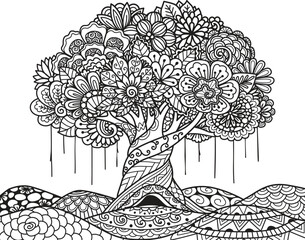 Beautiful abstract tree for design element and adult coloring book pages. Vector illustration	