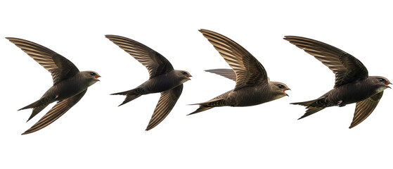 Fototapeta premium Flight sequence of a Common Swift bird showing wing movement isolated on white background.