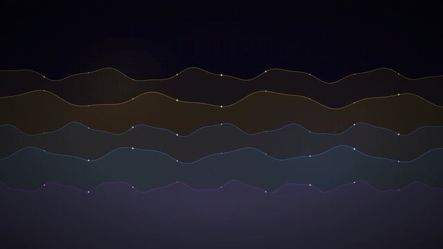 Golden and blue sinusoidal waves with pulsing bright nodes and sparkles on dark background