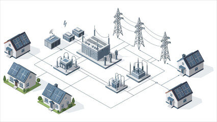 Isometric smart city illustration featuring houses linked to solar panels and a centralized power grid, clean energy and sustainable urban infrastructur. © Utpol