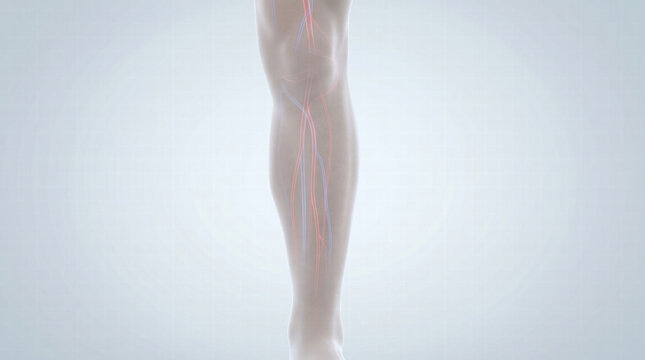 Medical illustration of peripheral artery disease (PAD) showing affected blood vessels in the lower leg.