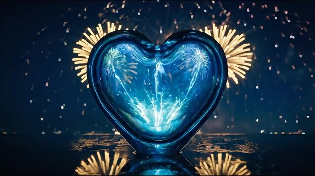 Glowing blue heart reflecting on wet surface with colorful fireworks exploding in night sky celebration