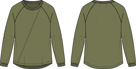 Men olive green raglan sleeve sweatshirt technical fashion flat sketch template front and back view cad drawing flat vector illustration © Rakibul