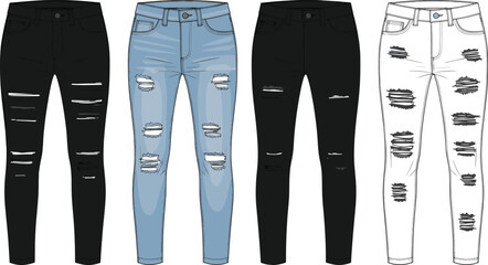 Women distressed skinny denim jeans set with ripped details technical fashion flat sketch template front view cad drawing flat vector illustration © Rakibul