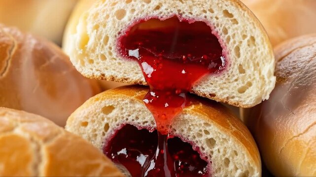 Freshly baked breads with strawberry jam dripping in mouthwatering sequence
