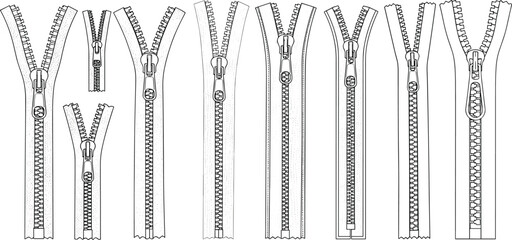Set of zipper hardware types technical fashion flat sketch template clothing fastener accessories cad drawing flat vector illustration mockup element © Rakibul