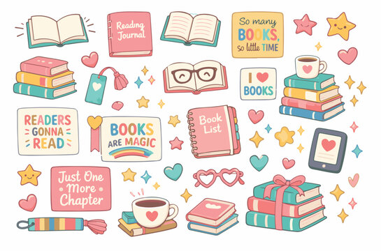 Cute hand drawn book lover sticker set with reading quotes books hearts and stars in kawaii style