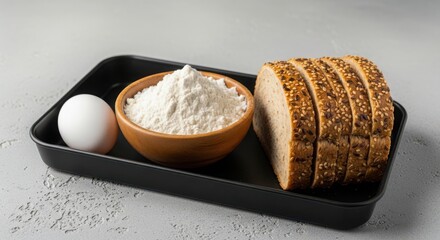 Sliced bread and baking essentials on a black tray.