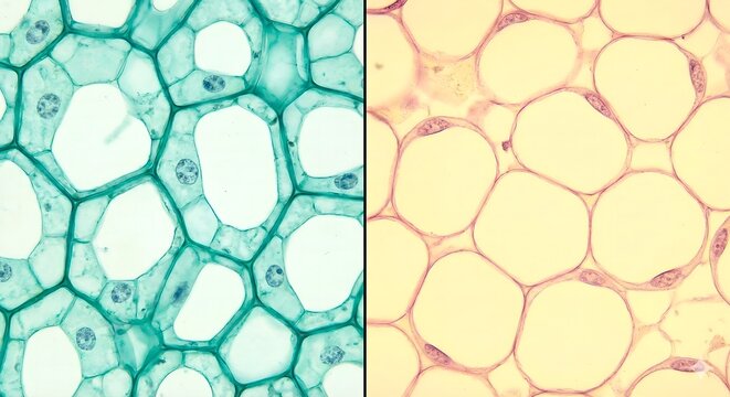 Microscopic View of Plant and Adipose Cells Structure Under Microscope