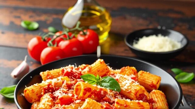 Rustikale Rigatoni al Pomodoro in einer dunklen Schale