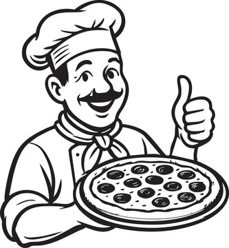 Happy cartoon chef with a mustache holding a pepperoni pizza and giving a thumbs up sign