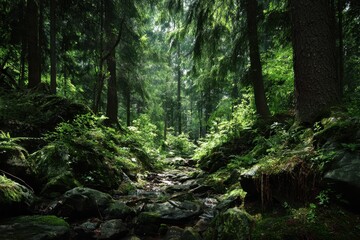 Fototapeta premium Sunlight filtering through a dense green forest in a tranquil, natural environment filled with vibrant foliage and a winding rocky stream