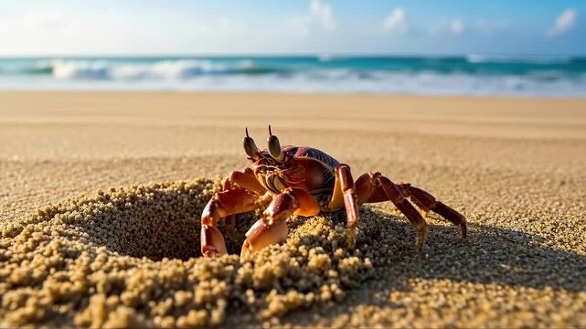 Hermit crab emerging from sandy burrow on sunny beach with ocean waves in background