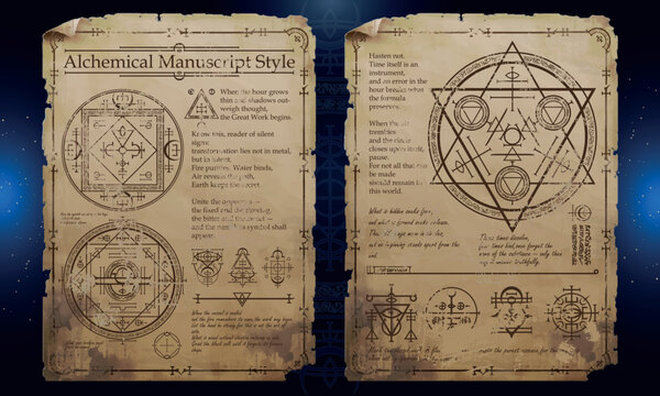 Manuscript template of Dark Fantasy Alchemy Elements for ads, poster, video. Vector Illustration EPS10