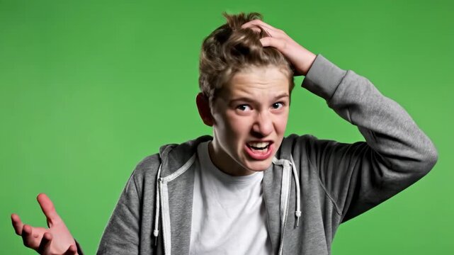shocked angry and upset or annoyed caucasian teenager boy with open mouth looking at camera. amazed emotional reaction. green screen background. surprise, vlog thumbnail