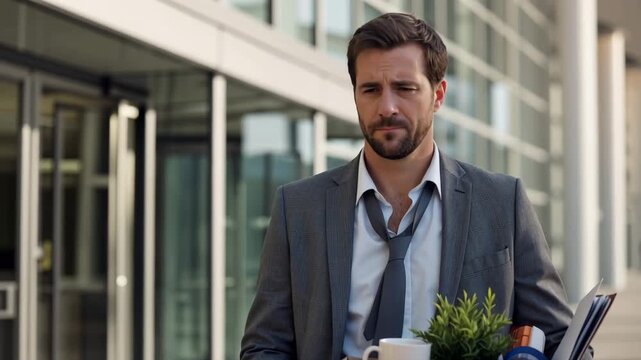 Fired businessman leaving office with cardboard box of personal belongings, job loss and career transition concept in modern city workplace