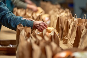 Obraz premium Volunteers pack food donations into paper bags in a community center to support local families in need during a food drive event in early spring