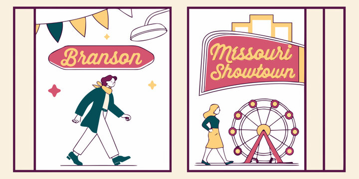 Branson Missouri Wall Art &ndash; Retro Showtown Illustration with Ferris Wheel, Street Scene & Vintage Signage, U.S, USA, US, United States
