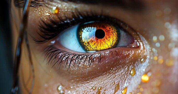 A macro close-up of a human eye with water droplets on the skin, creating a dramatic and intense portrait.