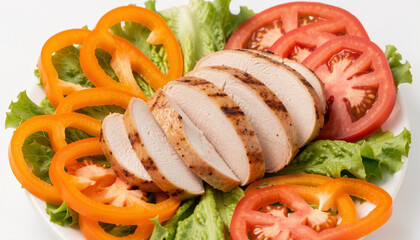 Grilled Chicken Slices On Fresh Salad With Tomato And Bell Pepper Rings.