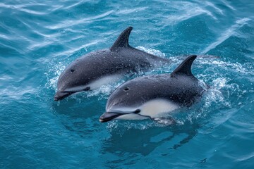 Obraz premium Hectors dolphins swim together in calm blue waters as mother cares for her endangered baby calf in New Zealand