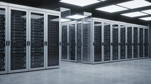A modern data center with rows of server racks and blinking lights, indicating a high-tech computing environment.