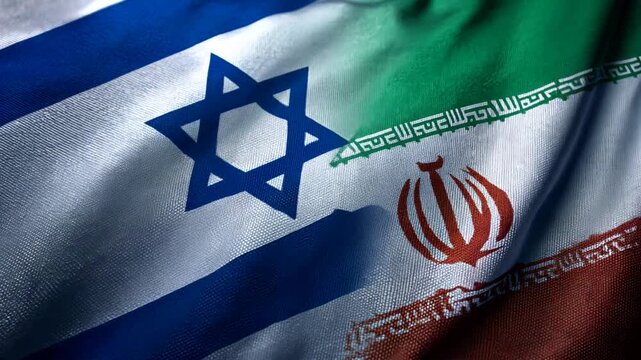israeli flag waving next to iranian flag. relations israel iran
