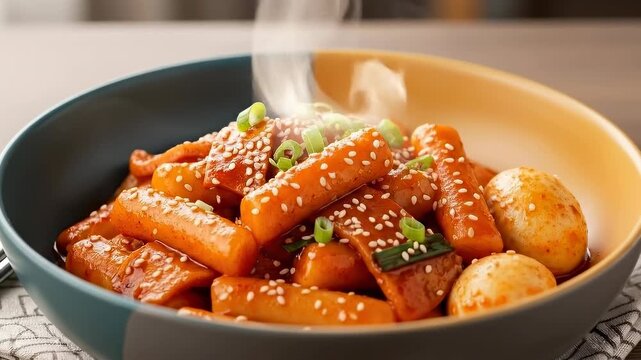 Steaming hot korean tteokbokki with sesame garnish on dining table