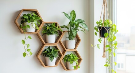 A serene indoor setting with potted plants arranged on a hexagonal shelf near a window.
