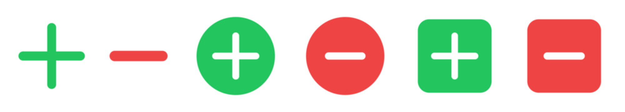 Plus and minus UI action icons. Zoom in and Zoom out symbols shows Add and Remove states. Colored flat symbols for buttons, controls, counters and user interface interactions