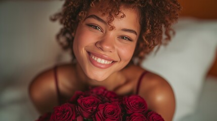 Smiling young woman with curly hair holding red roses, close-up portrait