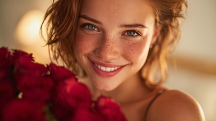 Smiling young woman with freckles holding red roses, close-up portrait