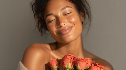 Serene young woman with freckles holding roses, eyes closed, natural beauty